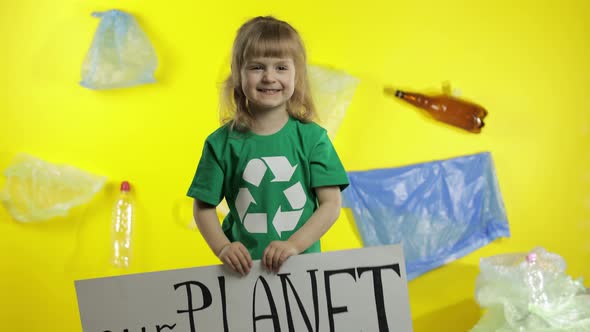 Girl Activist Hold White Poster Our Planet Needs Help. Plastic Nature Pollution