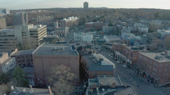 Aerial Drone Shot of Main Street in Suburban Boston Town at Dusk