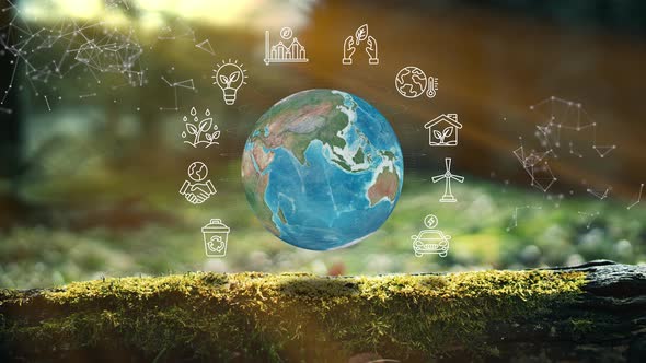 Ecological Green Energy Icons On Moss Concept Photo Realistic Earth Design Motion Graphics 3D Render