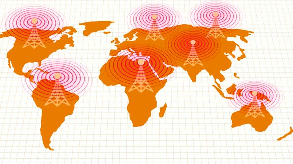 Brown Color World Map Network Tower Wave Animation on White Background