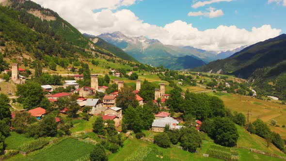 Aerial Ascending View Of Svaneti Villages