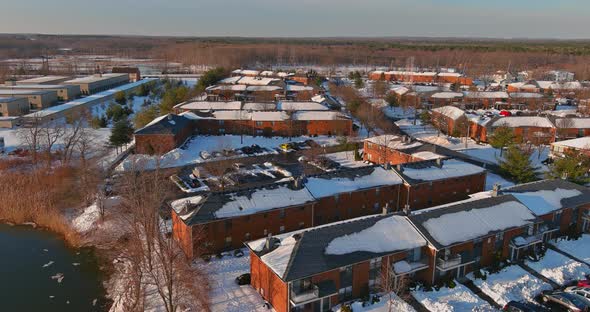 Early Spring Breaking Ice Float Down the Stream River Onsmall Apartment Complex Courtyards Roof