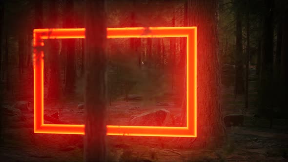 Neon Glowing Rectangle Frame in the Night Forest