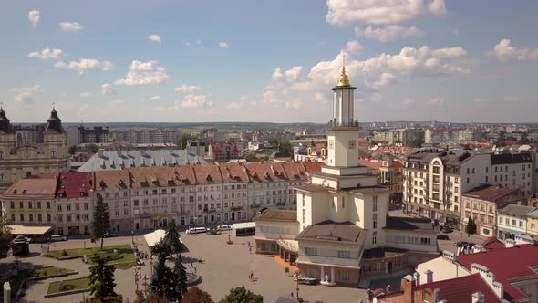 Aerial view of historic center in Ivano-Frankivsk city, Ukraine.