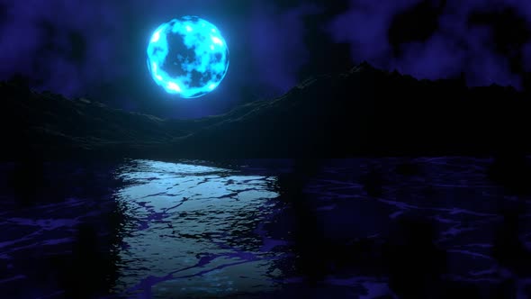 Looped Animation of the Night Ocean with Moon Reflection