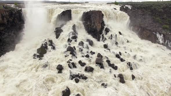 Aerial view of huge overflow waterfall at Magic Reservoir