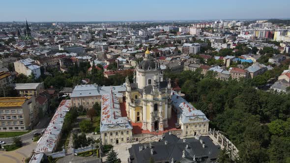 Aerial Shot The City Of Lviv. Temple Of St.Architectural Cathedral Of Saint Jur. Ukraine