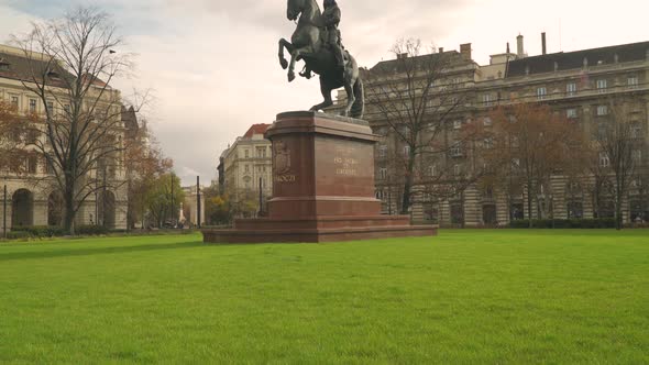 The beautiful Equestrian Statue of Rakoczi Ferenc II in Budapest - tilt up