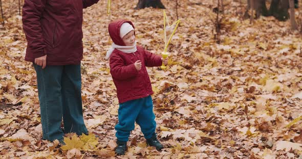 Little Girl Blowing Soap Bubbles in an Autumn Park