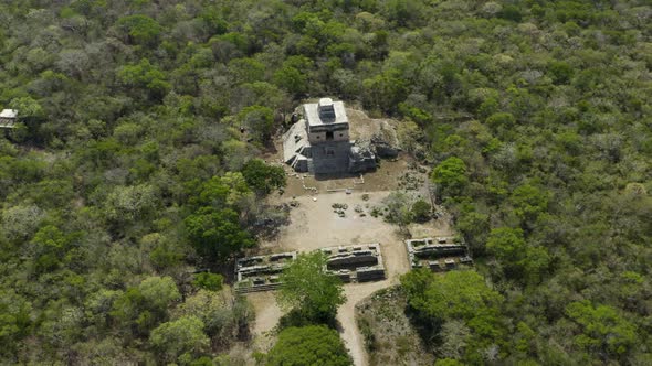 Aerial view of Dzibilchaltun Maya culture archeological site in the jungle, Yucatan, Mexico