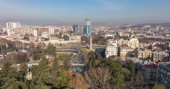 Aerial hyperlapse of Heroes Square in the center of Tbilisi, Georgia