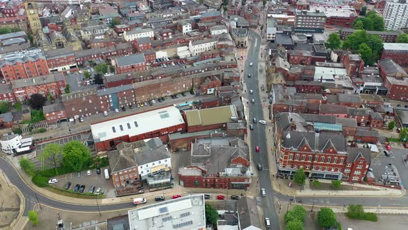 Aerial drone footage of the town centre of Wakefield in West Yorkshire in the UK