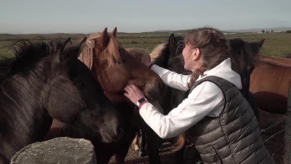 Women Strokes Horses in the Pasture