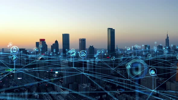 smart Connected city skyline. Futuristic network concept, city Technology.