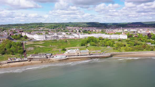Aerial footage of the beautiful seaside coastal town of Scarborough in the North Yorkshire 