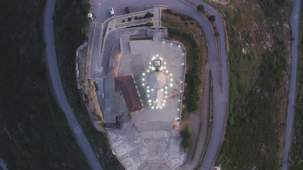 Senhora da Graca church drone aerial view in Mondim de Basto landscape at sunset, in Portugal