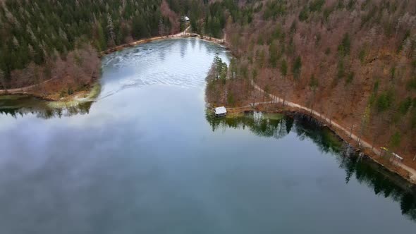 Beautiful Drone View on the Lake Langbathsee in Austria in Autumn