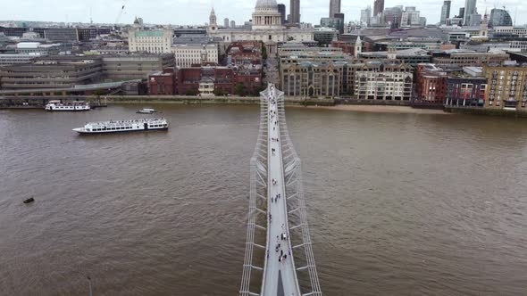 Drone View of London Millennium Footbridge Across the Thames