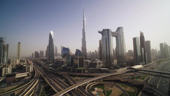 Aerial view of Dubai skyline with Burj Khalifa skyscraper, UAE.
