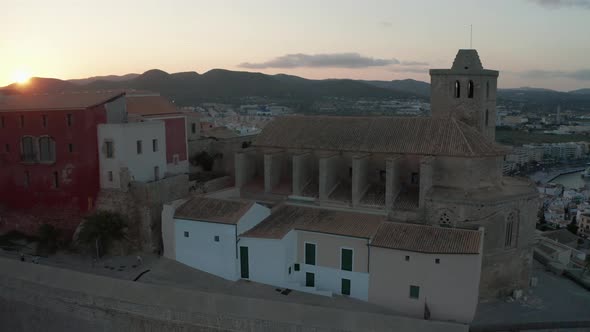 Aerial View of the Old City on the Island of Ibiza During Sunset