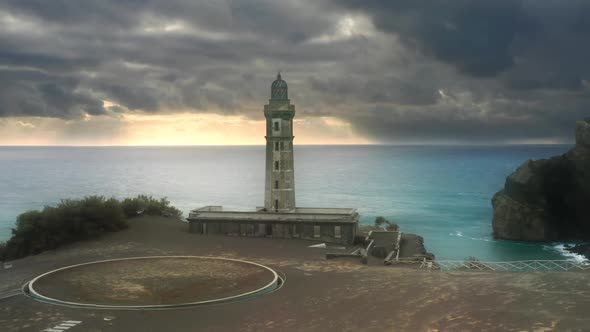 Lighthouse of Ponta Dos Capelinhos at Sunset Faial Island Azores Portugal