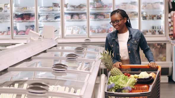 African American Lady with a Shopping Cart Going Through Frozen Products Aisle