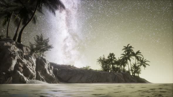 Beautiful Fantasy Tropical Beach with Milky Way Star in Night Skies