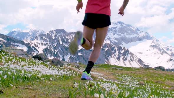 Mountain Runner On Flowers Of Flowers In Downhill Spring