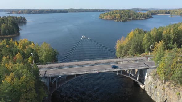 The Aerial View of the Speedboat on Lake Saimaa in Finland