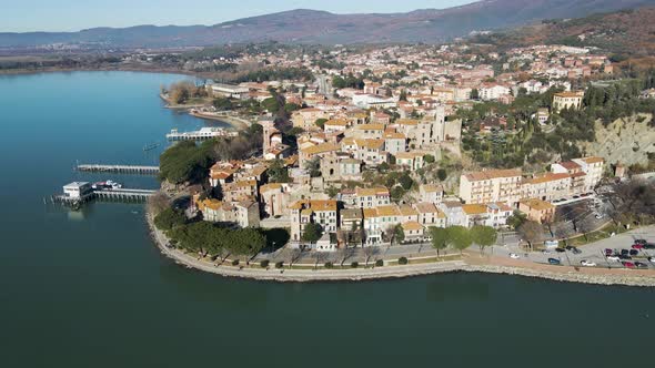 Aerial view of Passignano sul Trasimeno, Perugia, Umbria, Italy.