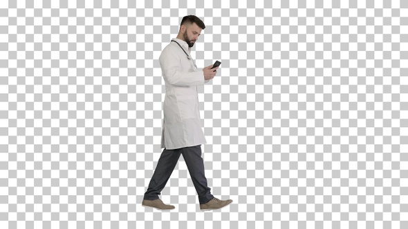 Male doctor in white medical uniform walking, Alpha Channel