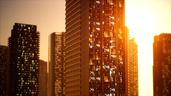 Sunset Aerial Shot of Skyscrapers of Business Centre