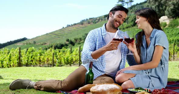 Couple toasting wine glasses in the farm