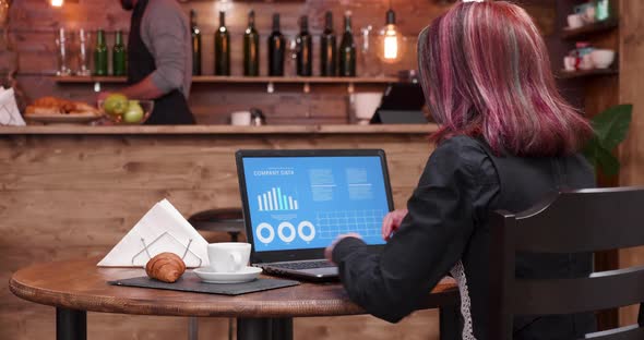 Businesswoman in Stylish Pub or Coffee Shop Analyzing Sales