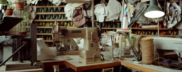 Shoemaker Workplace with Sewing Machine in Workshop