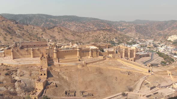 Glorious Amber Fort standing on terraced plateau of a barren mountain in Jaipur, Rajasthan, India