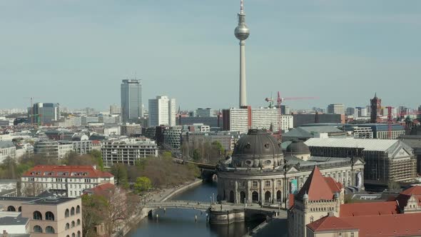 AERIAL: Wide View of Empty Berlin with Spree River and Museums and View of Alexanderplatz TV Tower