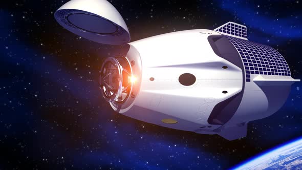 Commercial Spacecraft Orbiting Earth And Opens Docking Hatch alt