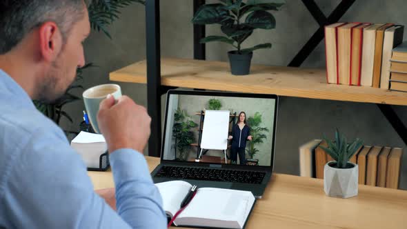 Man at Home Office Study Online Webinar Webcam Laptop Drinking Coffee Tea