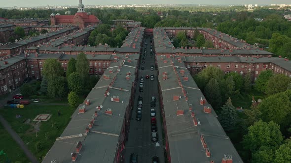 Famous Red Brick Building At The Historic Nikiszowiec District In Poland. aerial