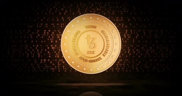 Tezos XTZ cryptocurrency golden coin loop on digital background