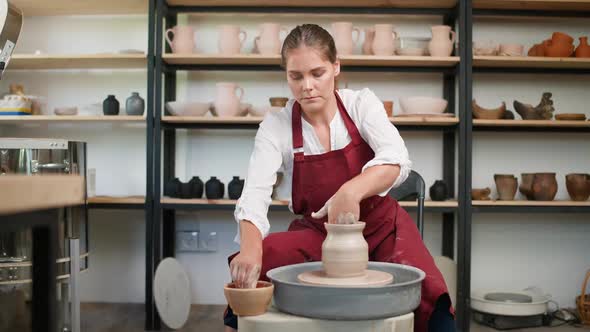 Pottery Workshop Female Potter Makes a Pitcher Out of Clay Handicraft Production of Handmade