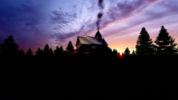 Wooden Chalet and Forest at Sunset View