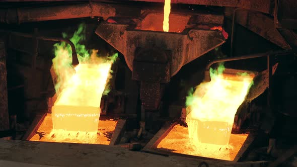 Molten Copper Burning and Flowing in the Foundry