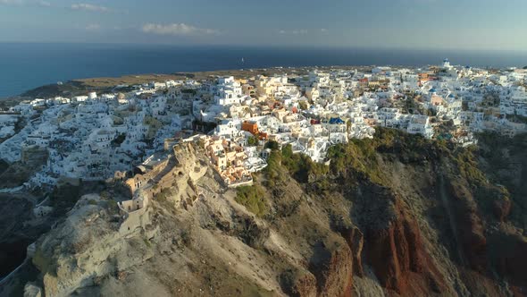 Aerial View Flying Over City of Oia on Santorini Greece