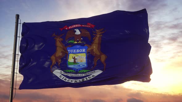 Flag of Michigan Waving in the Wind Against Deep Beautiful Sky at Sunset