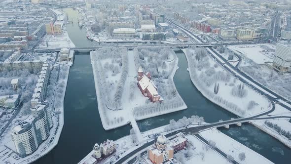 Aerial: The Cathedral in the snow-covered city of Kaliningrad, Russia