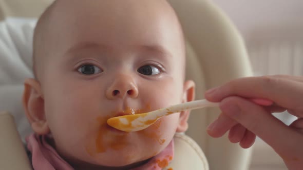 Mom's hand feeds the newborn with pumpkin puree, and lets him hold a spoon on his own