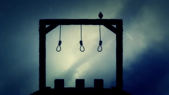 A Gallows Ready For An Execution With A Black Raven In The Rain