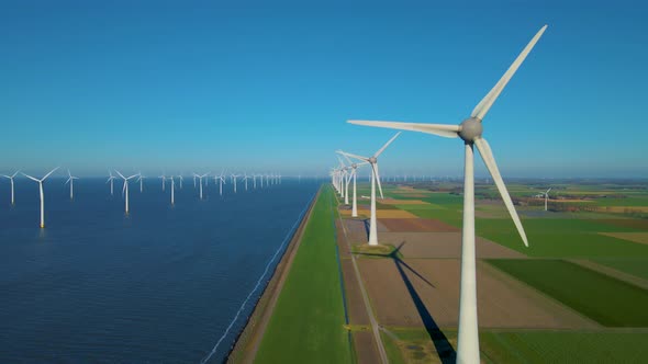 Windmill Park in the Ocean Drone Aerial View of Windmill Turbines Generating Green Energy Electric